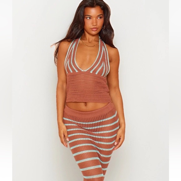PrettyLittleThing 2-Pc Mocha/Teal Stripe Crochet Knit Maxi Skirt & Halter Top - Picture 2 of 11